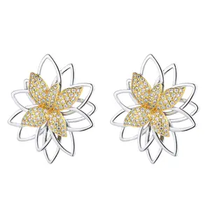 Lotus Flower Two Tone Earring Studs with Swarovski Crystals