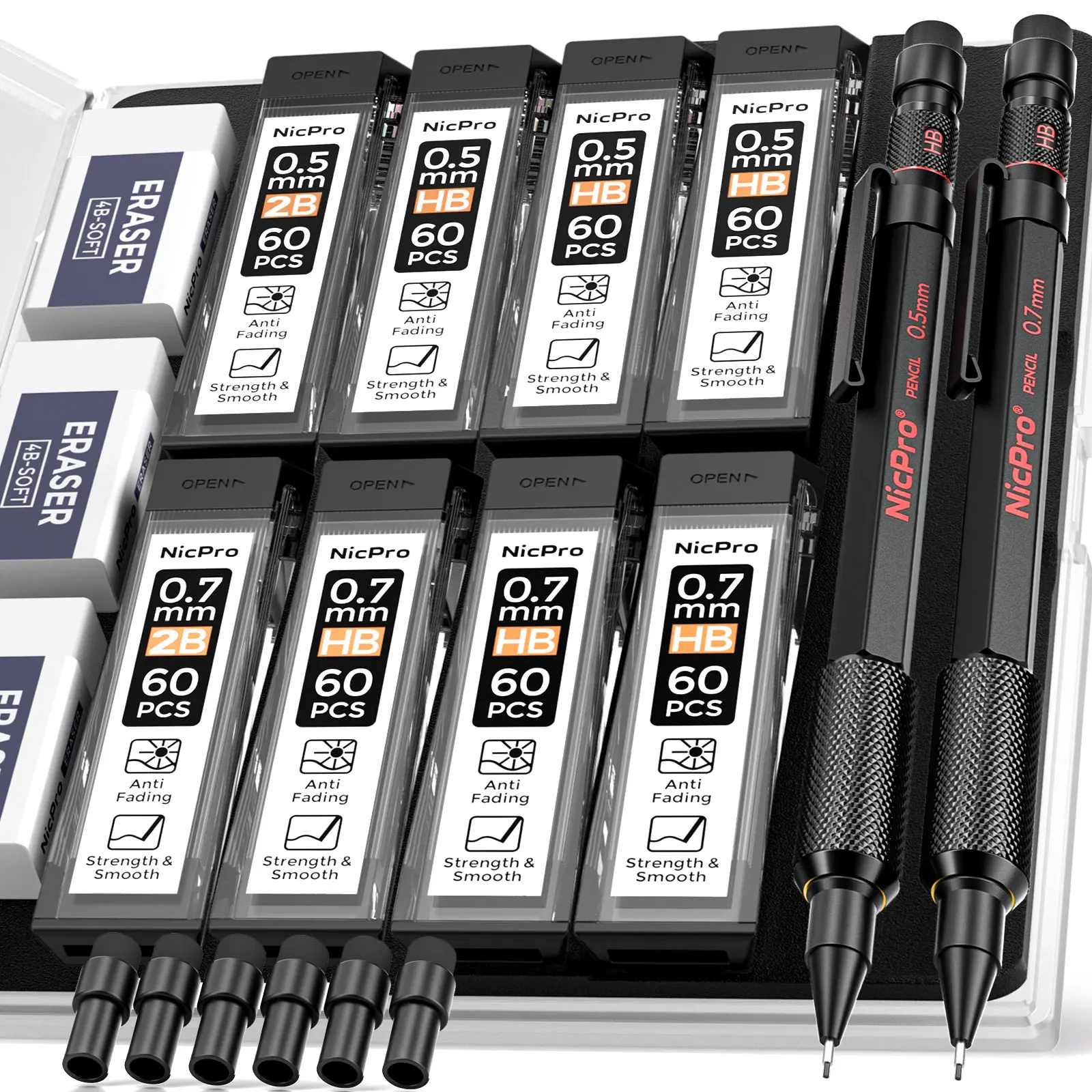 Nicpro MP2000 Metal Mechanical Pencils Set (0.5mm, 0.7mm) with Case, 4 Tubes HB & 2B Lead Refills, Eraser, Weatherproof Barrel - Drawing Supplies for Office Use, Outdoor Drafting