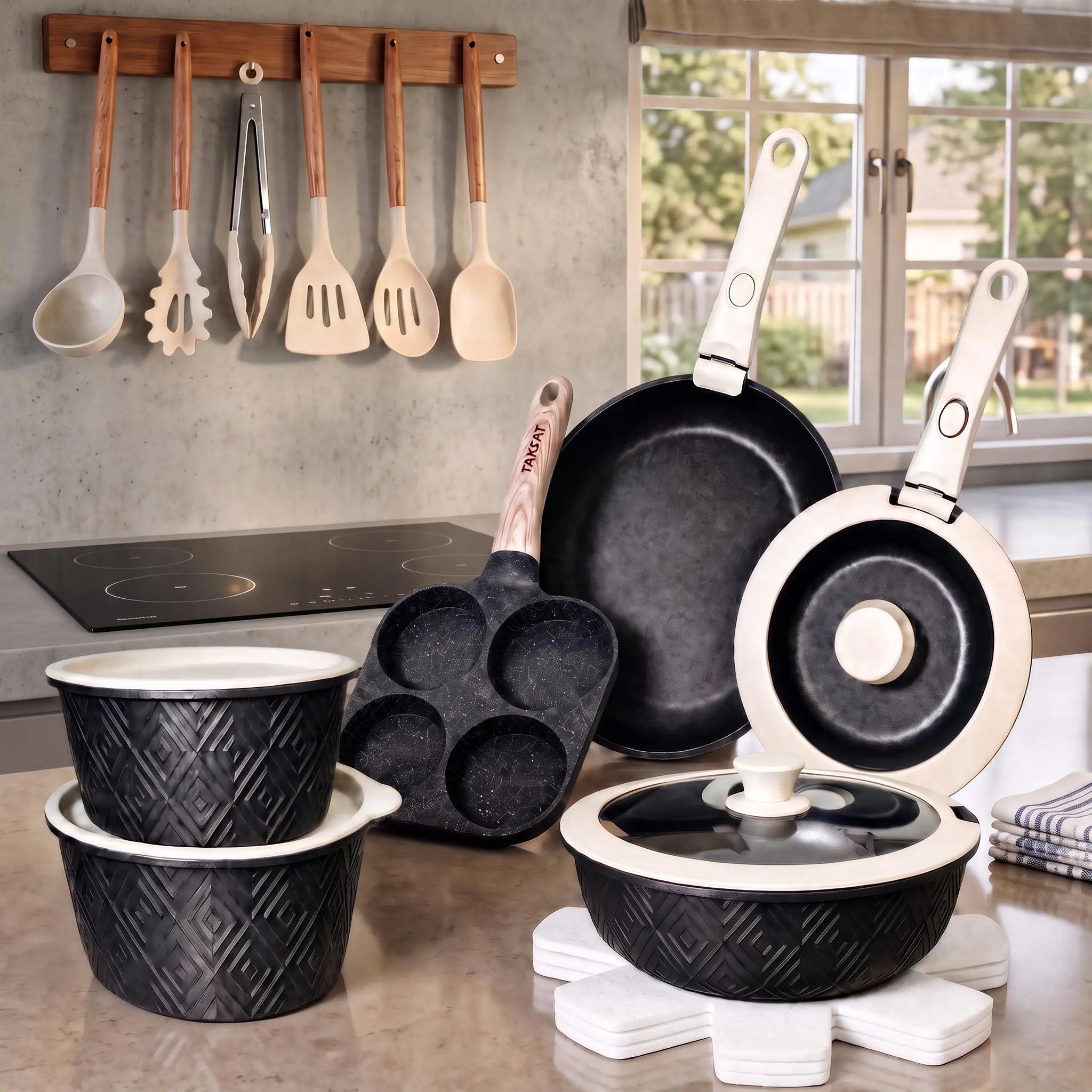 TAKSAT 19/21-Piece Non-Stick Pots and Pans Set, Removable Handle Stackable Aluminum Cookware, Oven & Dishwasher Safe RV Accessories Non-Stick Coating Cookware Set