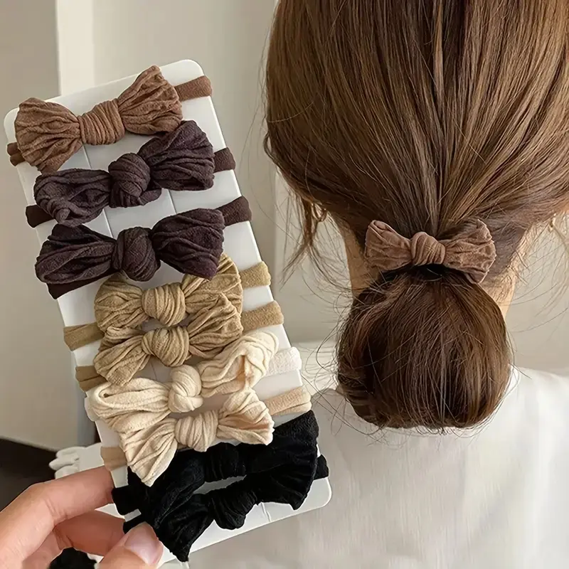 Boho Style Bow Hair Ties, Elastic Rubber Bands with Tribal Print, Pure Color Design, All-Season Ponytail Holders, Multifunctional Hair Accessories, Hair Bows