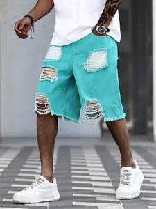 Men's Mint Green Ripped Denim Shorts, Frayed Fringe Design, Dopamine Street Style Shorts, Suitable for Summer Outfits, Loose Casual Shorts, Loose Fit & Unique Design