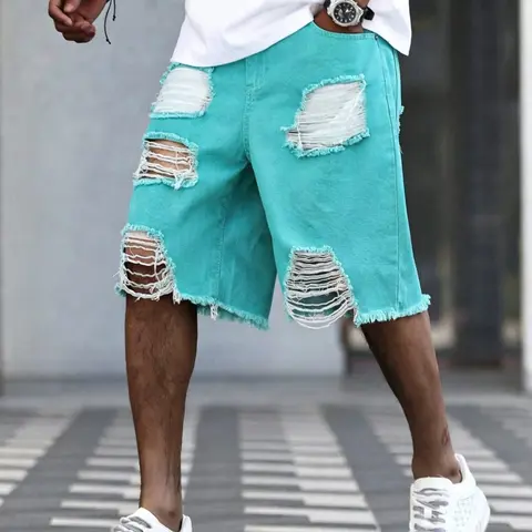 Men's Mint Green Ripped Denim Shorts, Frayed Fringe Design, Dopamine Street Style Shorts, Suitable for Summer Outfits, Loose Fit & Unique Design, Streetwear, Menswear, Casual Summer Shorts, Summer Fashion Shorts