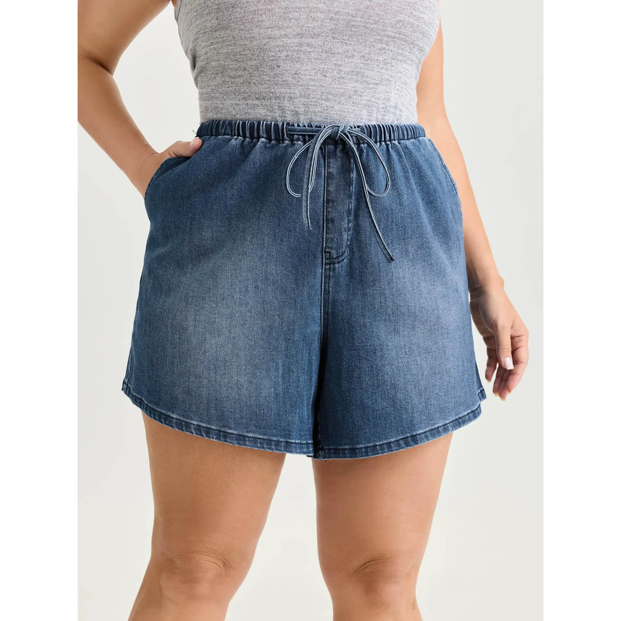 BLOOMCHIC Plus Size Cotton Denim Shorts - Stretchy Drawstring Elastic Waist,Distressed,Roll Hem,Flattering Fit,Basic Garment Bottom,2026 Summer Everyday Wear,Blue Womenswear,Summerfinds,back to school shopping
