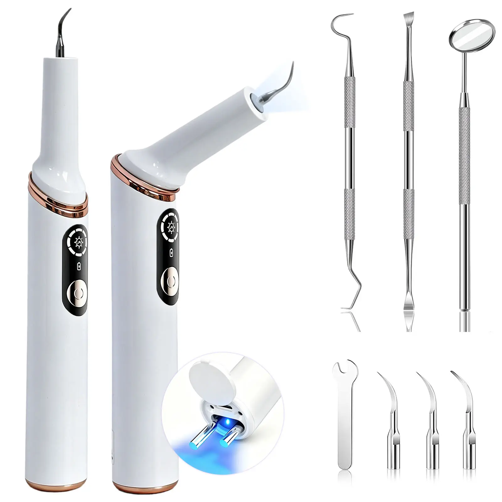 180° Adjustable Angle Ultrasonic Plaque Remover for Teeth, Dental Tartar Cleaning Kit with Built-in UV Sanitizer Base & LED Light