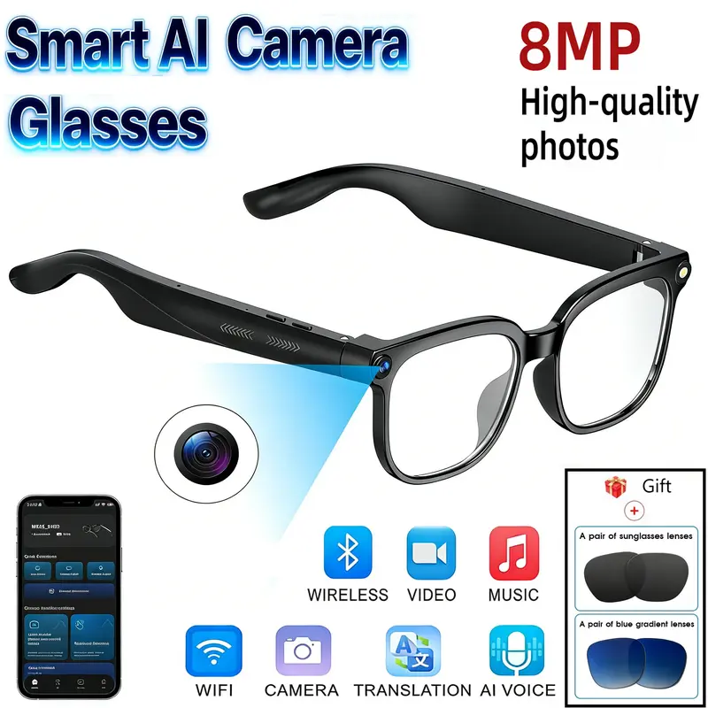 Smart AI Camera Glasses with 8MP Photochromic Lenses Button Touch Adjustment for Travel Outdoor Adventures Hands-Free Photography 160 Languages Real-Time Translation Bluetooth Wireless Wearable Video Recording UV Protection Christmas Gifts
