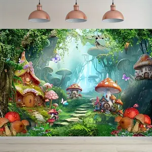 1pc Enchanting Fairy Garden Party Banner - Whimsical Mushroom House & Lush Greenery Design, Vibrant Polyester Photo Backdrop for Juneteenth, Mother’s Day, Father’s Day, Graduation - Home Wall Decor, Garden Party Supplies, Magical Forest Theme, Fairy Garde