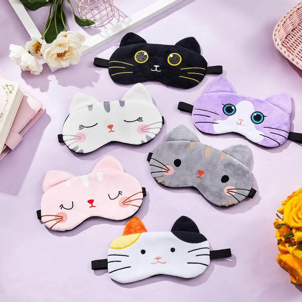 Women's Cartoon Cat Sleeping Eye Mask Bulk 6-Piece Multi-Pack, Adult Blackout Effect Eye Covers with Soft Lightweight Fabric & Elastic Bands, 6 Colors (19x10cm/7.48x3.94in), Eye Covers For Sleeping