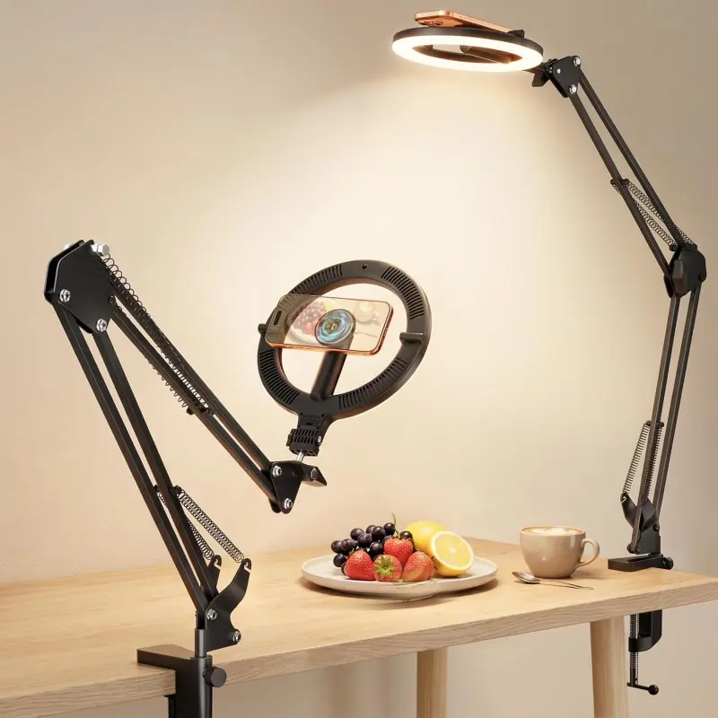 LUMFRAME Magnetic Overhead Phone Mount with 10” Ring Light, 5000mAh Flexible Articulating Circle Lamp Table Tripod, Phone Stand for Video Recording Cooking Nail, Zoom Meeting, Live Streaming