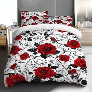 Three-piece bedding set - 2pcs/3pcs 2D Flat, red, white, and black rose vine pattern duvet cover set (1 duvet cover + 1/2 pillowcases, no insert), multi-color printed bedding set, soft and comfortable, suitable for family bedrooms and guest rooms.