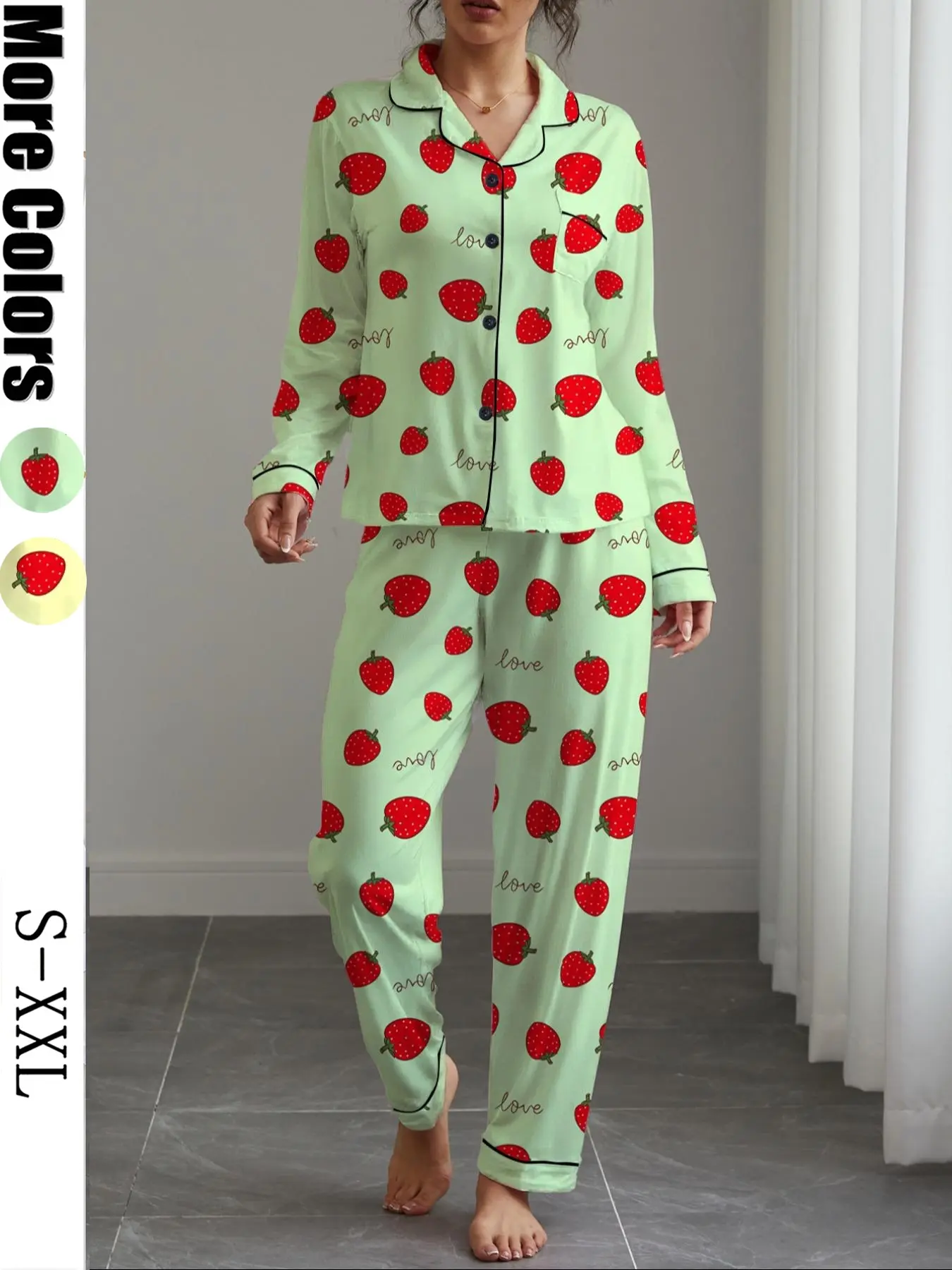 Women's Fall Winter 2-Piece Long Sleeve Sleepwear Loungewear Set, Matching Pajama Set, Strawberry Print, Elegant Casual, Comfortable Lapel Top & Wide Leg Pants