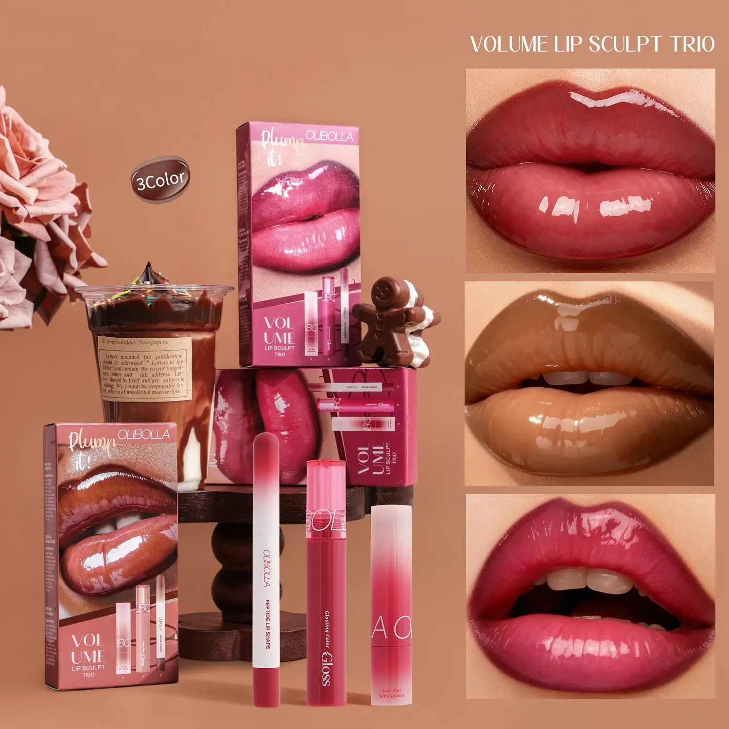 3-Piece Lip Combo Kit - Matte Lipliner, Moisturizing Cream Lipstick, Glass-Smooth High-Shine Gloss - Long-Lasting Cosmetic Set for Daily Care, Suitable for All Skin Types