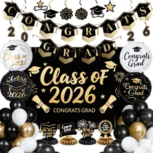 Graduation Decorations Class of 2026 Grad Party Supplies Set with Congrats Grad Black Backdrop Banner Hanging Swirls Foil Latex Balloons Graduation Cap Centerpieces Party Black Gold White 40pcs