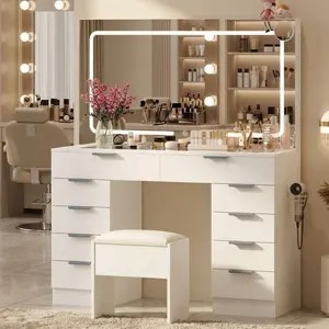 Makeup Vanity Desk with Mirror and Lights, 10-Drawer Storage & Power Outlet, Adjustable 3-Color Lighting, Includes Stool & Accessories for Bedroom