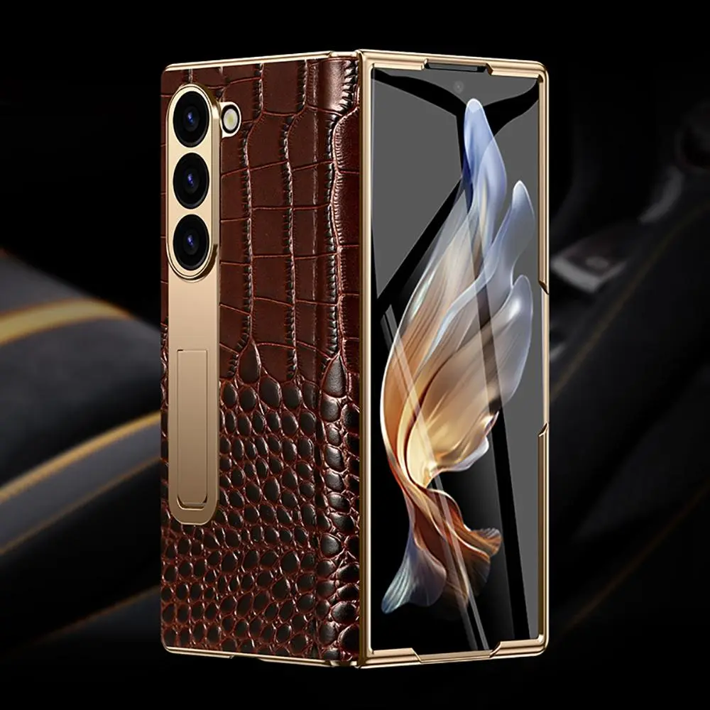 Fin For Samsung Z Fold 7 6 5 4 3 Genuine leather Magnetic Hinge Full protective phone Case holder Kickstand fold6 Shockproof Cover