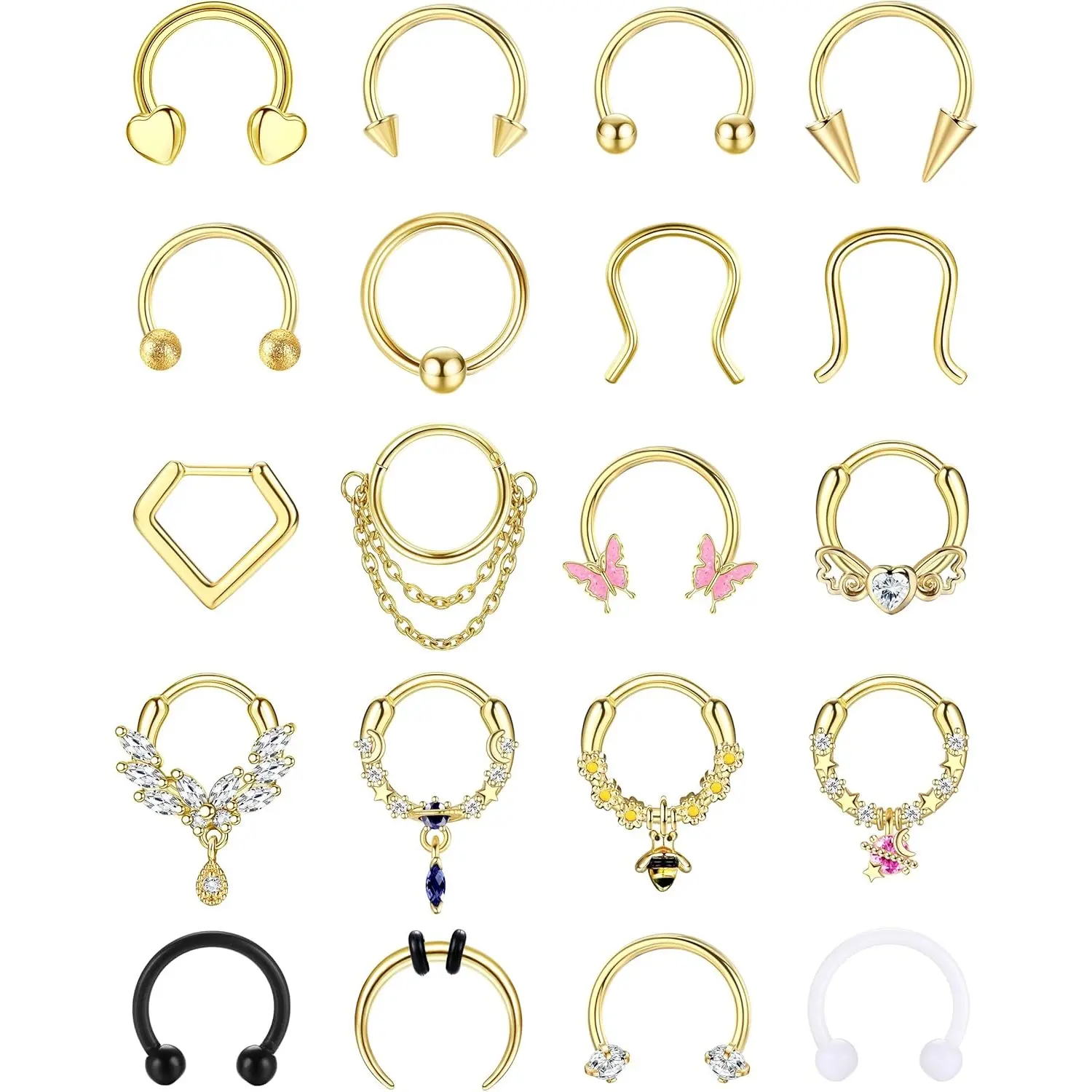 MILACOLATO 20Pcs 16G Gold Surgical Steel Septum Jewelry Set, Geometric & Cute Star Bee CZ Heart Butterfly Chain Clicker Dangle Nose Hoops, Body Jewelry for Women's Septum Piercings, Surgical Steel Jewelry