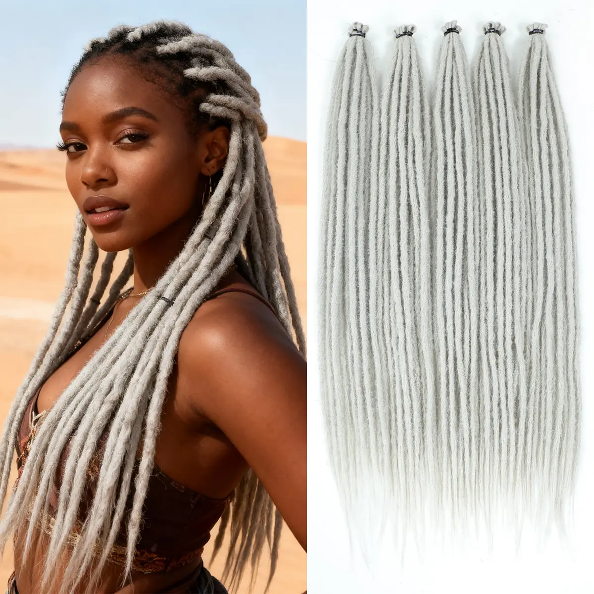 GKtineke 24-Inch Black Thin Synthetic Dreadlock Extensions - 50 Strands (5 Packs, 10 Strands Each), 0.6cm Width, 100% Handmade Craft Single-Ended Reggae Vibe Dreadlock Braids for Female