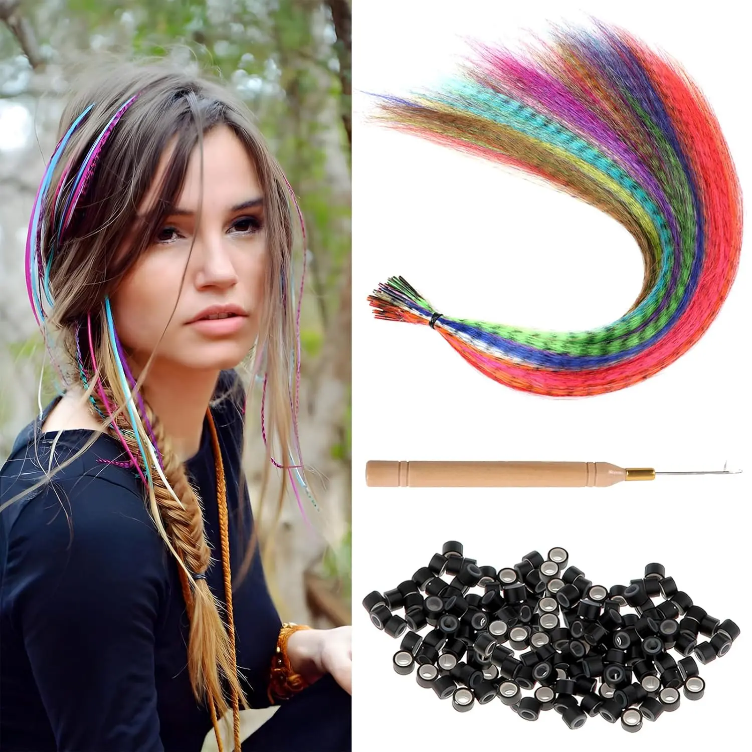 Hair Feathers Extension Kit  Colored Synthetic Feather Hair Extensions Kit (Not Real Feather) with 100 Pcs Silicon (17 Inch)
