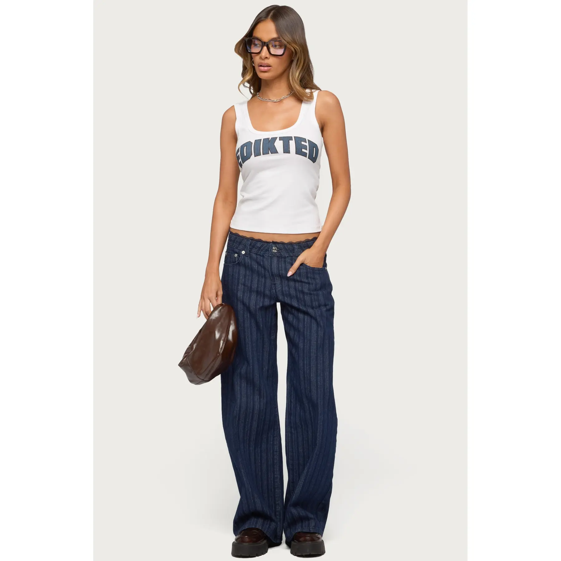 Lace Trim Striped Low Rise Baggy Jeans