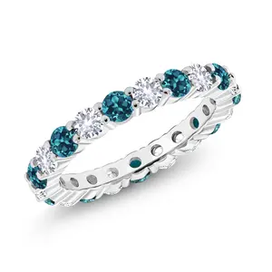 Gem Stone King 2.60 Cttw London Blue Topaz and White Created Sapphire Eternity Band Ring For Women | 925 Sterling Silver Round 3MM | Wedding Engagement Anniversary Promise Ring For Women