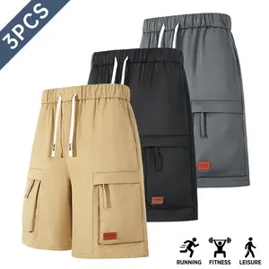 Men’s Summer Cargo Shorts 3-Pack — Casual solid-color loose-fit cargo shorts with side pockets and a drawstring waist, suitable for outdoor leisure and work in summer