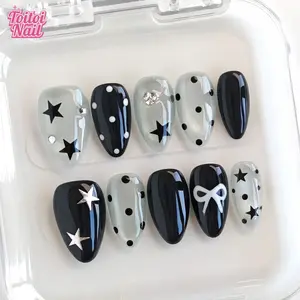 Starry Dot Handmade Press-On Nails | Short Almond Shape, 10pcs | Edgy Black Silver Star & Dot Design | Glossy Star & Gem Accents | Reusable DIY Nail Kit for Women | Trendy Nails for Spring, Summer, Parties & Daily Wear | Cool Edgy Girly Look