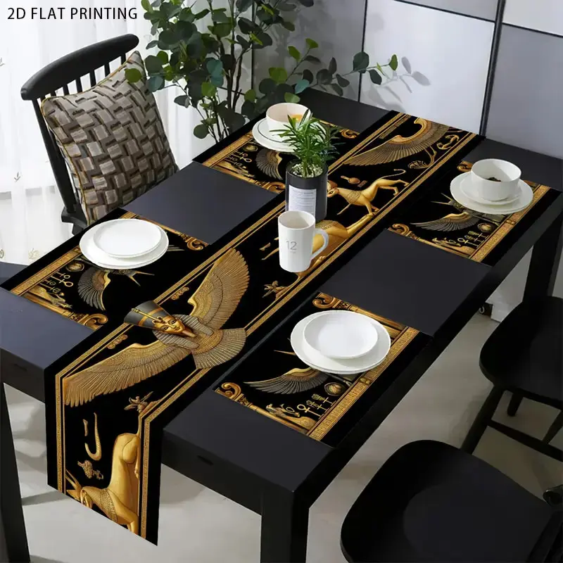 1 piece/4 piece/5 piece set/7 piece set, Egyptian gold retro pattern holiday table runway+Kitchen Decorative Table Placemats set, restaurant kitchen table decoration, indoor and outdoor party supplies, suitable for family gatherings and daily use
