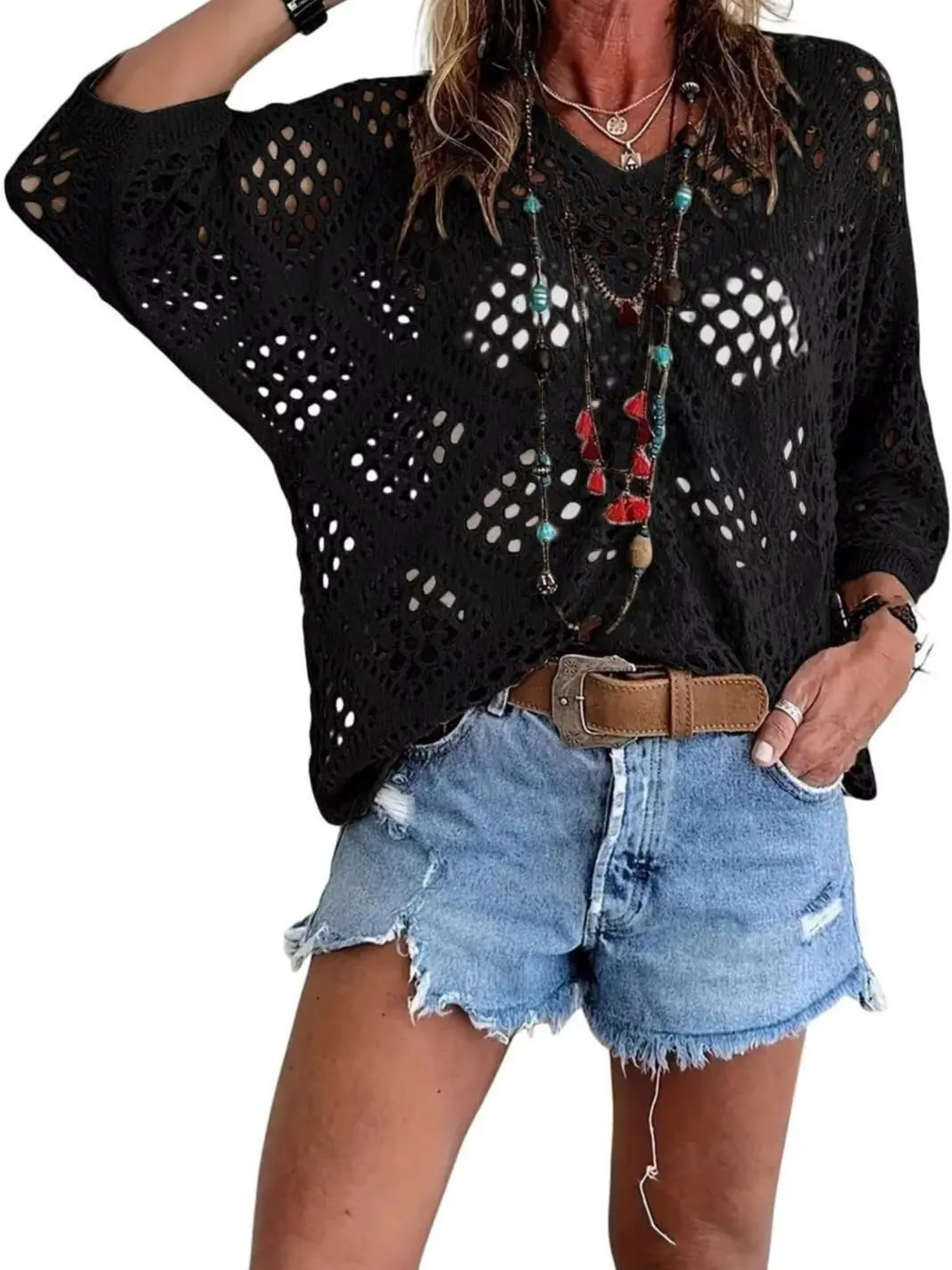 Women's 100% Cotton Crochet Knit Sweater V Neck Batwing Sleeve Boho Hollow Out Pullover Cover Up Tops