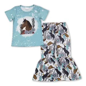 Western Horse Blue Graphic Tee and Bell Bottom Pants Girls Set
