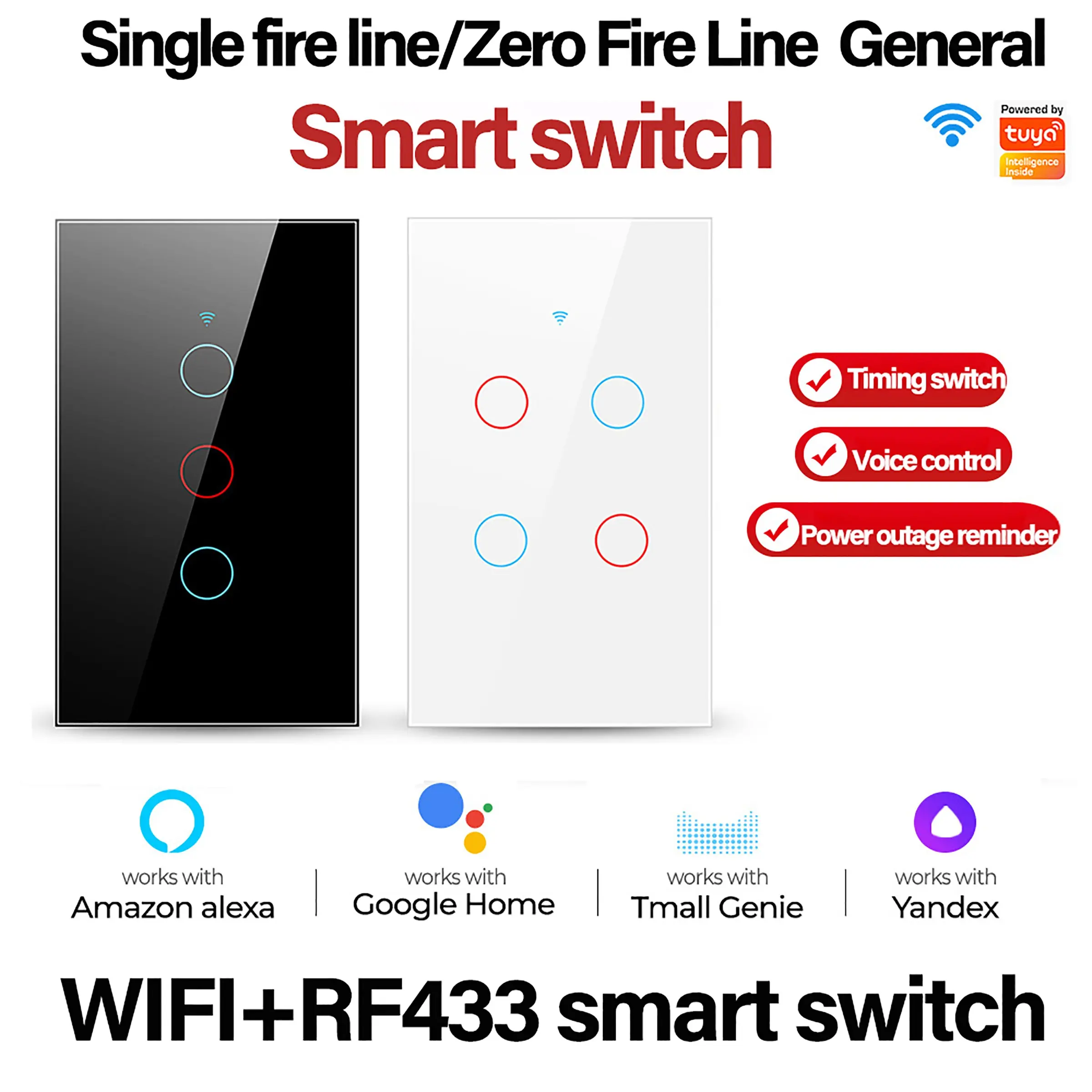 Tuya WiFi + RF Wall Touch Wireless Smart Remote Light Switch with Tempered Glass Panel, Touch APP and RF Control, Compatible with Alexa and Google Home, Lighting