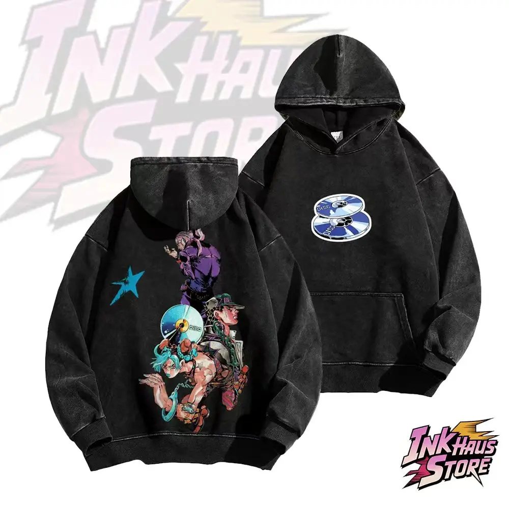 Anime-inspired design based on *JoJo's Bizarre Adventure*. Themed washed American-style hoodie, made in the USA | High-quality 100% cotton streetwear hoodie | Relaxed fit