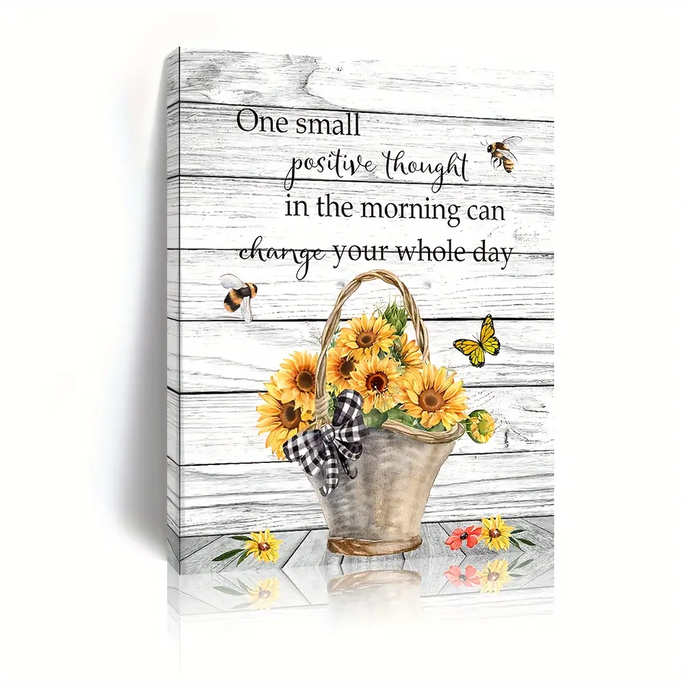 1 piece canvas painting with wooden frame, ready to hang, Sunflower Inspirational Quotes Canvas Wall Painting - Wooden Frame Yellow Flowers Print, suitable for home decoration, perfect for living room and bedroom, unique gift idea, perfect for room decora