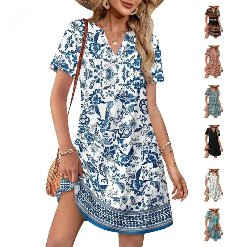 Dresses for Women 2026 Casual Summer V Neck Wedding Guest Dress Short Sleeve Fashion Beach Vacation Clothes Womenswear Gamis Floral Shortsleeve Vneck