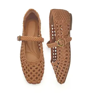Woven Mary Jane Flats Vintage Hollow Out Summer Sandals for Women Cozy Retro Square Toe Slip Ons
