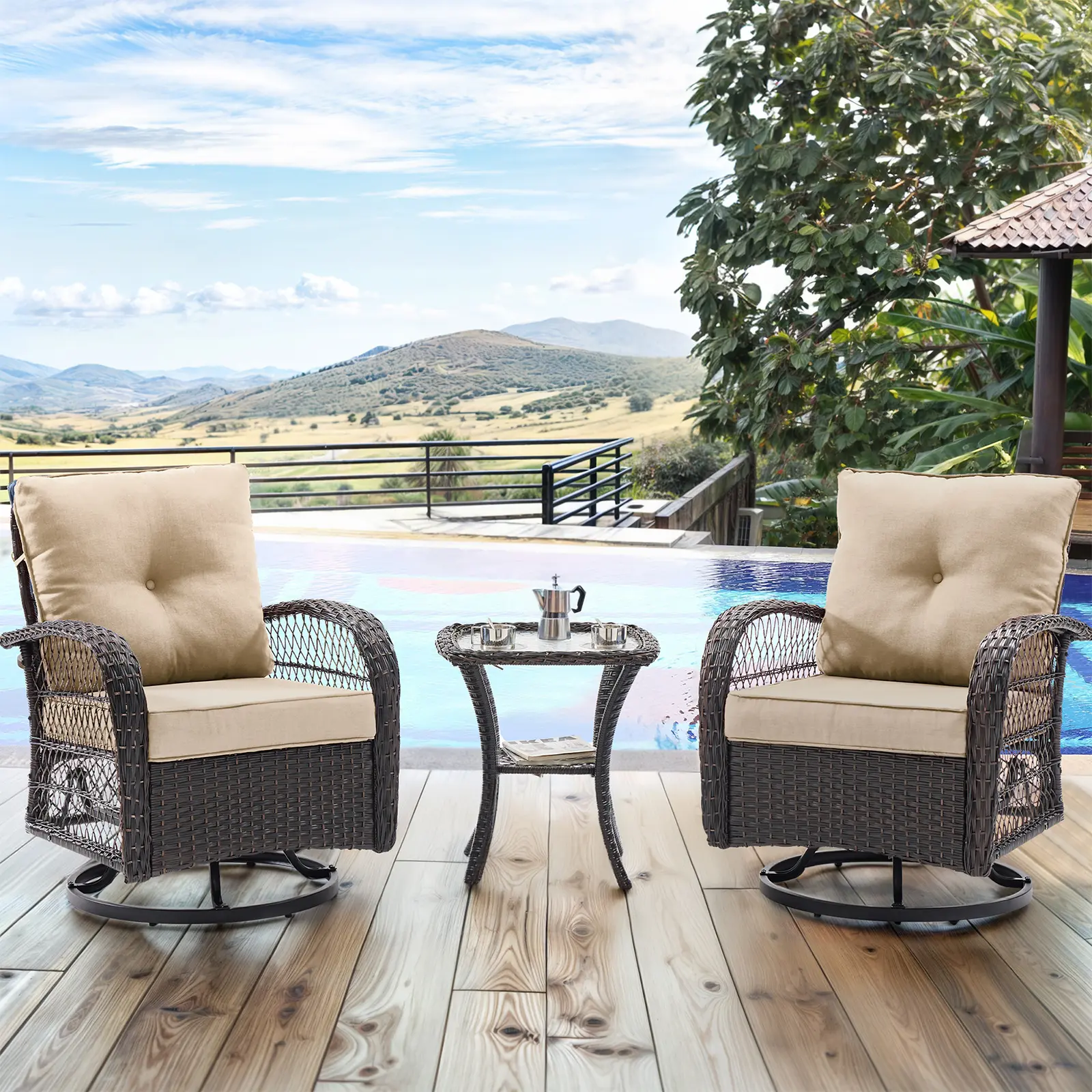 【Summer Sale】UDPATIO 3 Piece Patio Furniture Set & Outdoor Furniture Set,360-Degree Swivel Rocking Chairs, All-Weather Rattan Rocking Chair with Thick Cushions, Glass Top Side Table for Garden Deck Patio, Cool Spring Gift