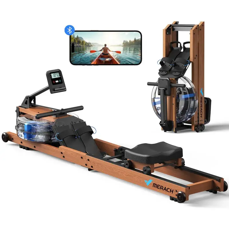 Merach R28 Water Rowing Machines for Home, Foldable Row Machine with 400LBS Weight Capacity, Dedicated Monitor and Comfortable Seat, Free Merach App for Immersive Water Rower Summervibes