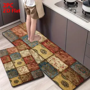 2/3pcs Soft Flannel Kitchen Mat Set, Vintage Bohemian Patchwork Design, Non-Slip, Water Absorbent Vintage Boho Rug, Ideal for Bathroom, Laundry Room, Hallway