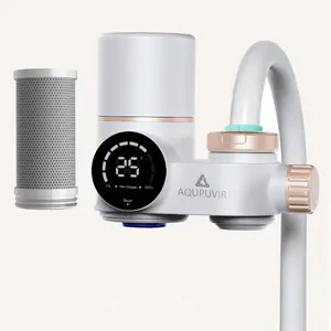 AQUPUVIR Kitchen Vertical Faucet Digital Water Purifier, reduces lead, chlorine, and impurities, easy to install, dual outlets with dual water modes, suitable for kitchen, bathroom sink, and home faucet applications, white/silver