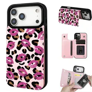 Phone Case - Leopard Print Lip Print Pattern Wallet Card Holder, with Credit Card Slot, suitable for Iphone 17 16 15 14 13 12 PRO MAX PLUS, AIR,Samsung Galaxy S25 S24 S23 S22 ULTRA ,shockproof and dustproof phone case, perfect gift for friends and family