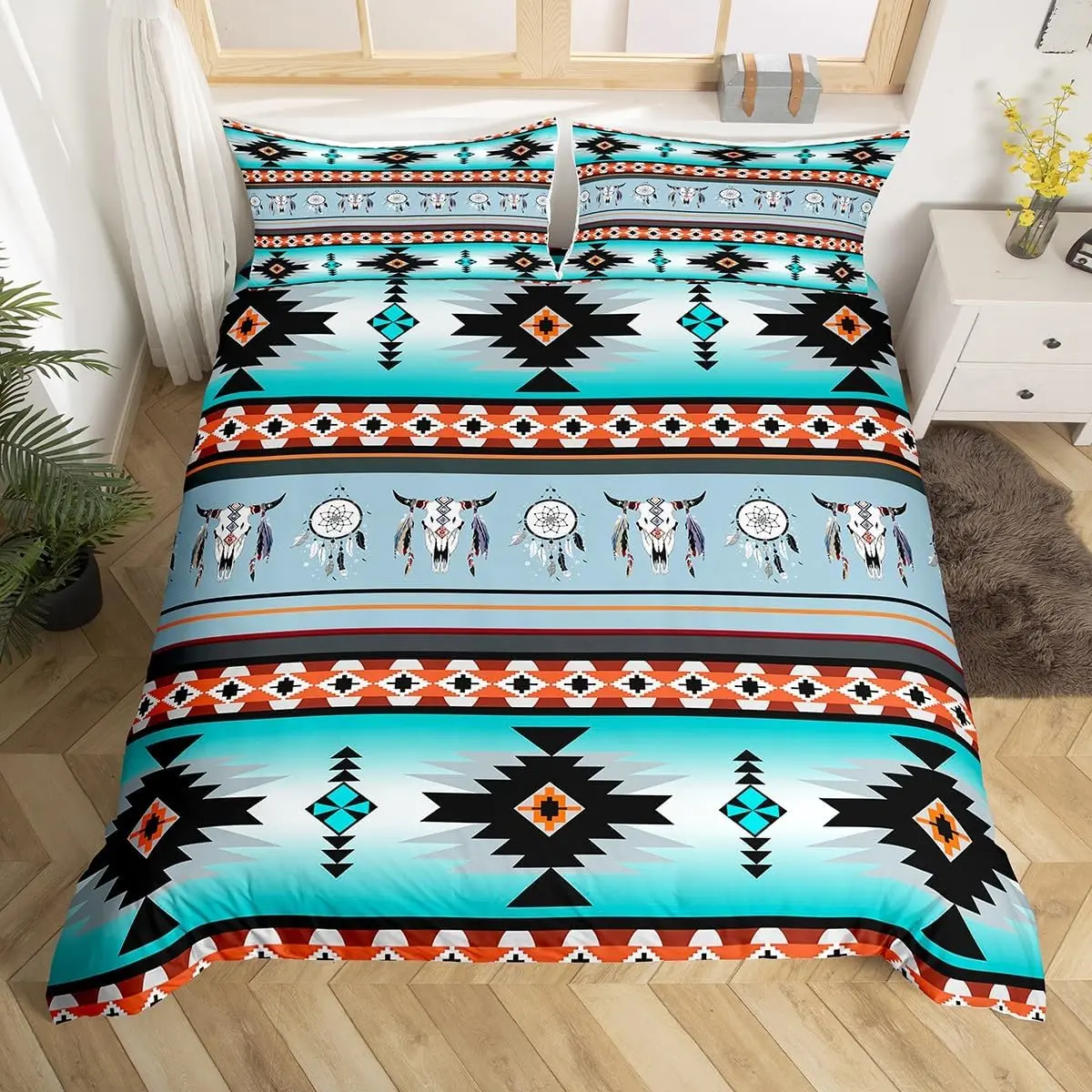 Feelyou Modern Boho Bedding Duvet Cover Set - Western Theme, Highland Cow, Dream Catcher, Southwestern Tribal Arrow, Aztec All Over Reactive Dye Prints, Polyester, Zipper Closure, Multi-Size Options (No Comforter, Queen Size Available)