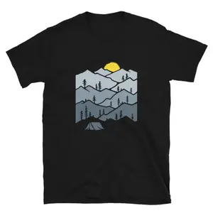 Men's mountains and outdoor adventure Graphic T-Shirt - Short Sleeve Crew Neck Regular Fit Casual Wear | Soft & Breathable Fabric, Durable Print, Everyday Comfort, Machine Washable, vintage urban streetwear a stylized mountain landscape with a tent,