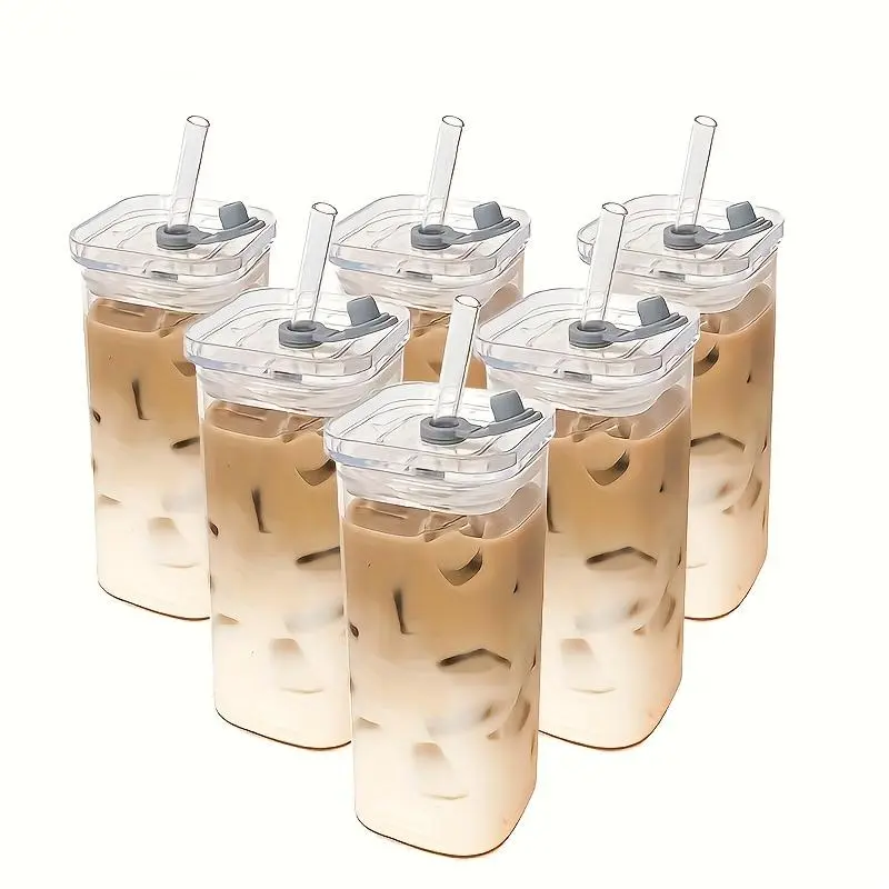 Stylish 13oz Square Large Glass Tumbler Set - 4/6 Pack Portable Heat-Resistant Reusable Mugs with Lids, Straws, 0-500ml Eco-Friendly Drinkware for Iced Coffee (Mom Cup), Glass Tumbler Glasses