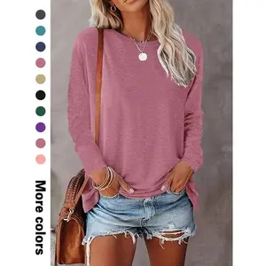 Women's Plain Drop Shoulder Long Sleeve Tee, Casual Basic Crew Neck T-Shirt for Fall & Winter, Women's Top for Daily WearGift(gift)