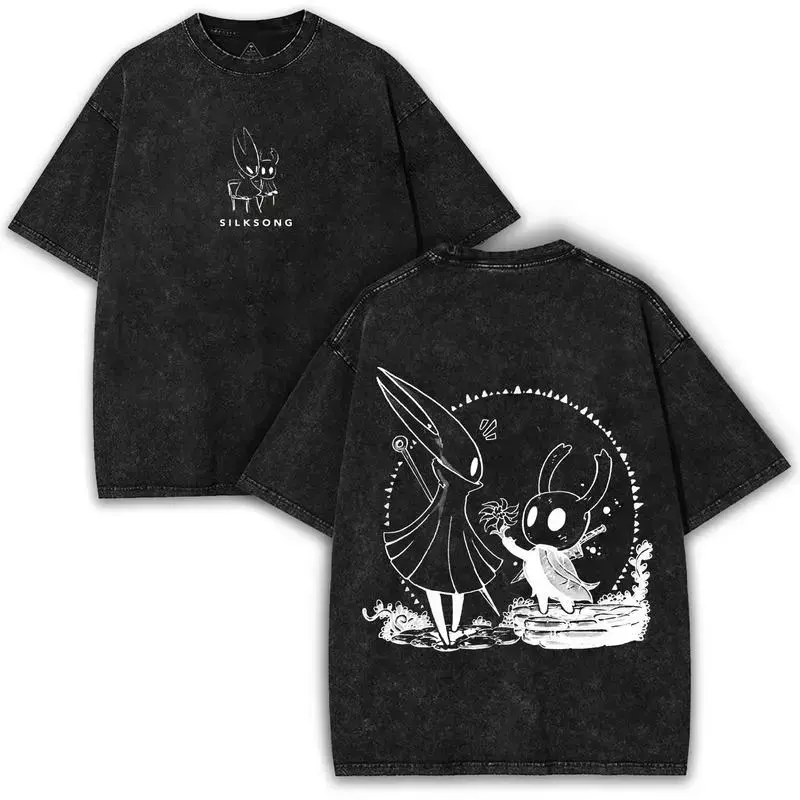 Men's Hollow Knight Silksong Hornet x Knight Oversized Washed Streetwear T-Shirt, Cute Chibi Art Retro Double-Printed Casual Top, Indie Game Collector Apparel, Shortsleeve, Round Neck, Cotton, Soft, Oversized Tee