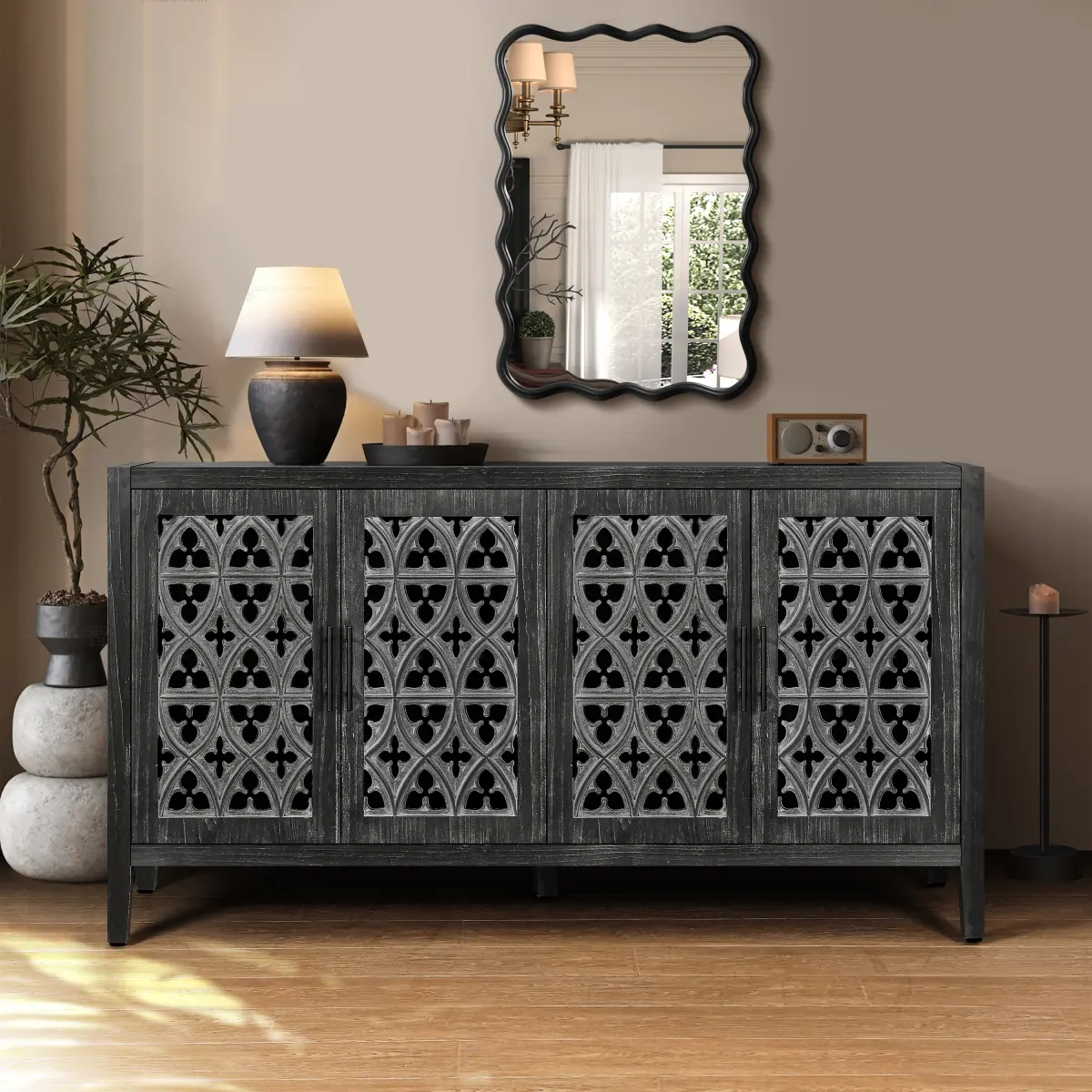 Antique Black 4-Door Rustic Wood Cabinet - American Country Style, Symmetrical Floral Patterns, Flexible Space Design, Skeleton-MDF Build, Flower Handle, Pressed Wood Cabinets for Living Room TV & Kitchen Storage by Summerwins, Assembly Required
