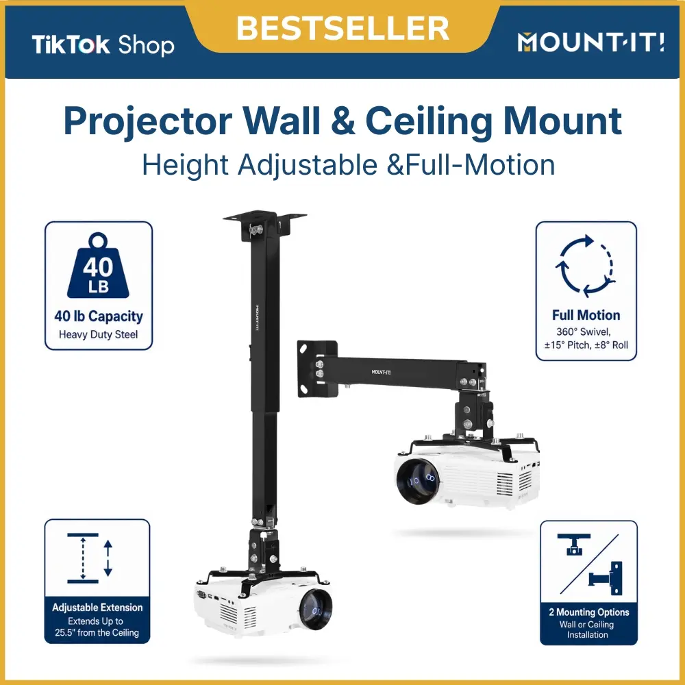 Mount-It! Full Motion Projector Wall & Ceiling Projector Mount Height Adjustable 4.5" - 25.5" Durable Steel Adjustable for Optimal Viewing Angle 360° Swivel 40 lb Load Capacity