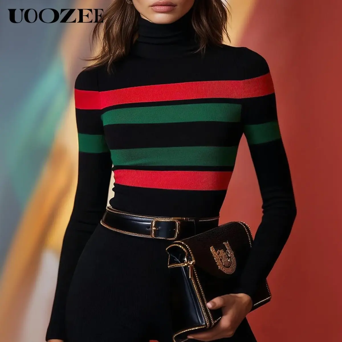 UOOZEE Women's Retro Striped Turtleneck Knitwear - Slim-Fit Long-Sleeve Lightweight Ribbed Casual Top, Viscose-Nylon Blend Strappy Chunky Metallic Cardigan with Flat Cropped Denim Pants & Statement Blazer