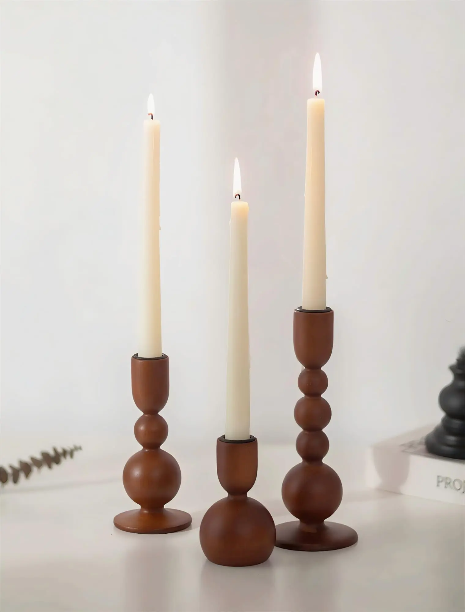 NUPTIO Brown Finish Wooden Taper Candle Holders Set of 3 - MCM Design Natural Wood, Casual & Elegant Candleholder Sets, Candle Holder Centerpieces for Dining Table, Thanksgiving Decor
