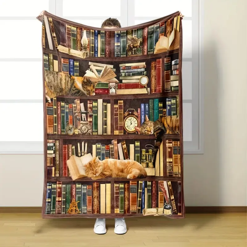 Super Soft All-Seasons Flannel Blanket - Charming Cat and Bookshelf Design, Book Lover Gifts summerwins