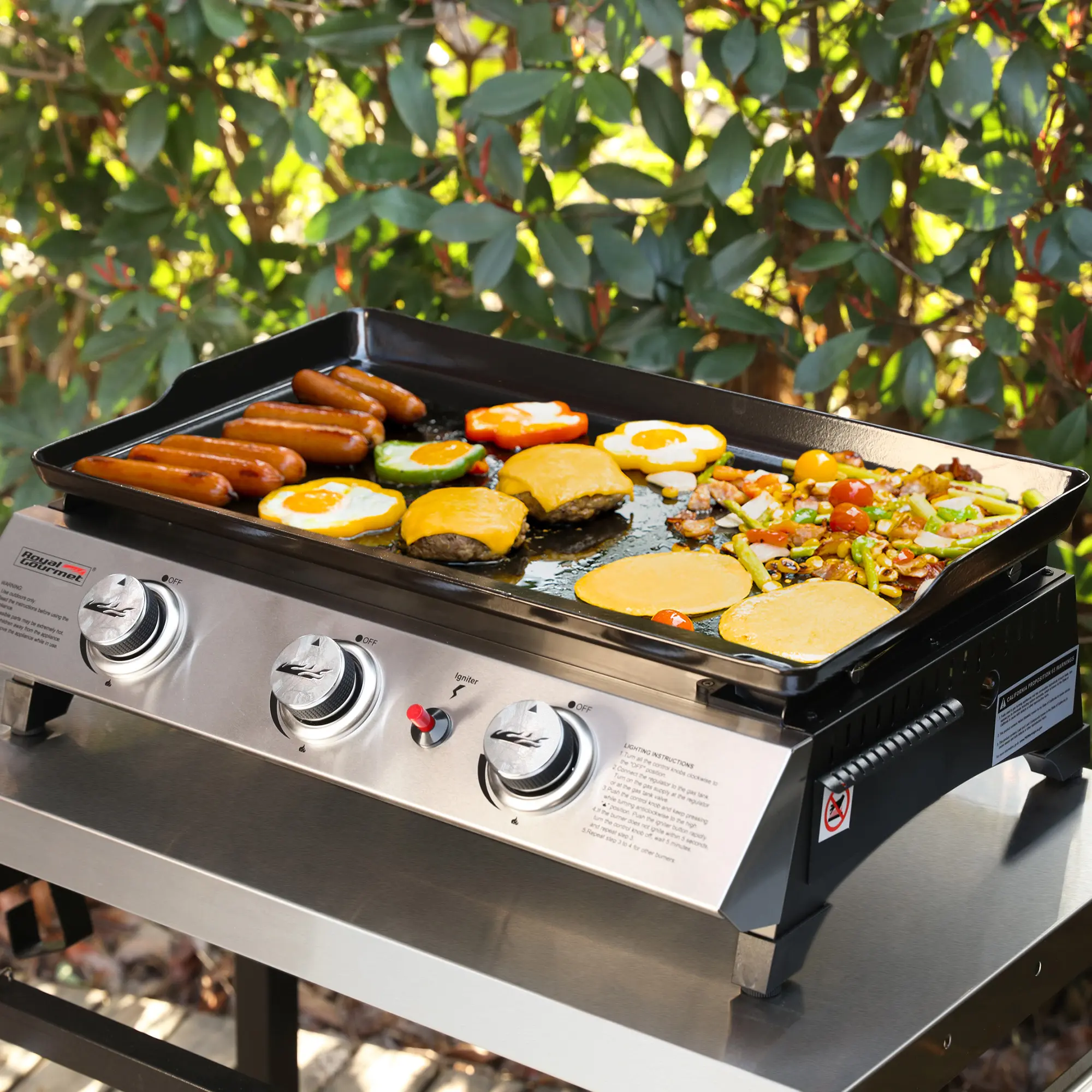 Royal Gourmet PD1300 Camping Griddle with PVC Cover, 3-Burner Portable Propane Flat Top Grill, 26,400 BTU Tabletop Griddle for Outdoor Cooking, Tailgating & Camping, Silver