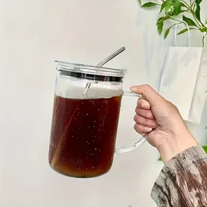 1pc, Large Glass Tumbler with Lid and Straw, 33.81oz Heavy-duty Glass Water Cup, Cold Coffee Cup, Drinking Glass, Clear Glass Cup, for Summer and Winter Beverages, Summer Gift, Couple's Gift, Stylish Drinkware